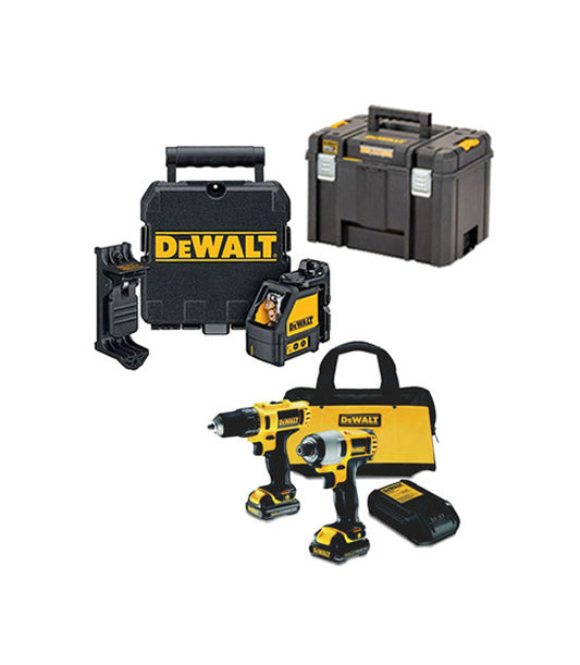 Coffret Dewalt : Perceuse + Tournevis à percussion + Laser DW088K + Mallette profonde + 2 piles 1,3 AH 