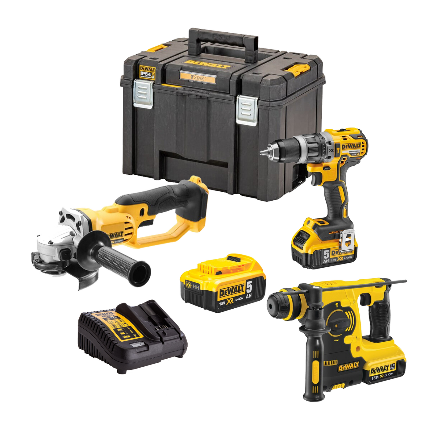 Kit électrique pour perceuse à percussion Dewalt CPROF265 avec étui, meuleuse XR18V, marteau XR SDS plus et 3 batteries