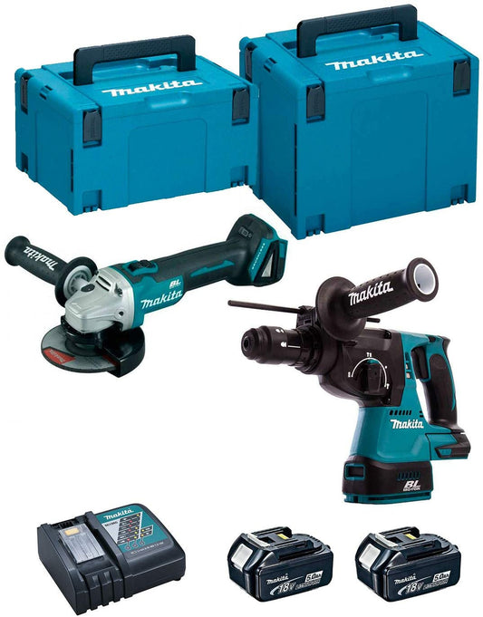 Kit combiné meuleuse DGA504ZJ + marteau léger DHR243RTJ 18 V avec 2 batteries 5,0 Ah et étuis Makita DLX2125TJ1