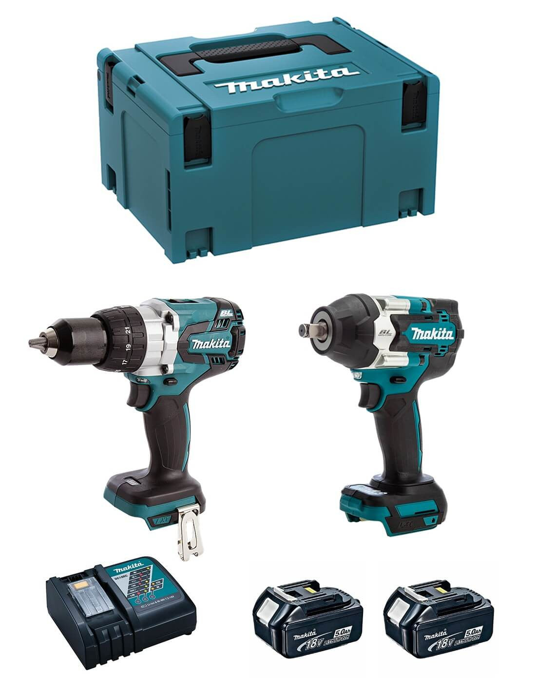 Kit combiné perceuse à percussion DHP481RTJ + clé à chocs DTW700Z 18 V avec 2 batteries 5,0 Ah et étui Makita DLX2480TJ2