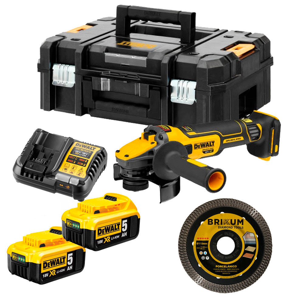 Meuleuse brushless 18v XR 125mm avec 2 battes 5Ah et coffret + Disque Dewalt DCG409P2X