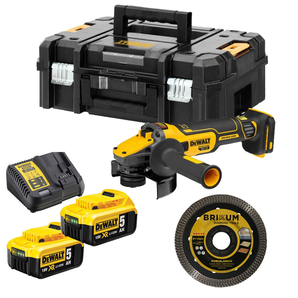 Meuleuse brushless 18v XR 125mm avec 2 battes 5Ah et coffret + Disque Dewalt DCG409P2X