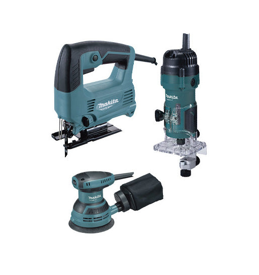 Ensemble d'outils électriques Makita MT : scie sauteuse 450 W + fraiseuse 530 W + ponceuse rotorbitale 230 W PRK00185