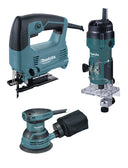 Ensemble d'outils électriques Makita MT : scie sauteuse 450 W + fraiseuse 530 W + ponceuse rotorbitale 230 W PRK00185