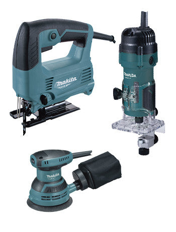 Set herramientas eléctricas Makita MT: Sierra de calar 450W + Fresadora 530W + Lijadora Rotorbital 230W PRK00185