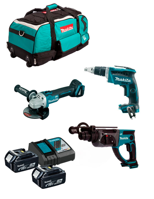 Combo Marteau 18V DHR202 + Tournevis DFS452 + Mini Meuleuse DGA504 + 2bat + Chargeur + Sac Makita DLX3190TX1