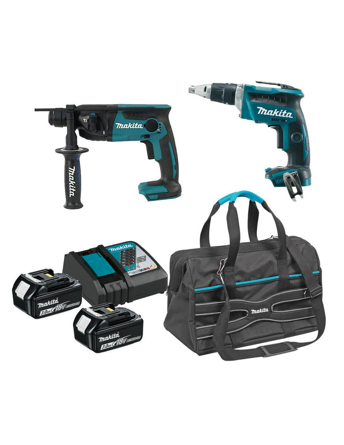 Combo plaques de plâtre Makita 18V : Tournevis Pladur DFS452 + Marteau léger DHR165 + 2 batteries 3,0 Ah + sac