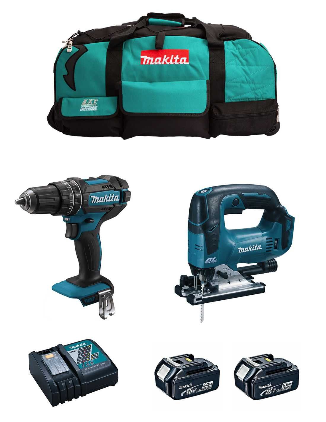 Kit marteau perforateur Makita DHP482 + scie sauteuse DJV182 + 2bat 5Ah + chargeur + sac DLX2181BL2