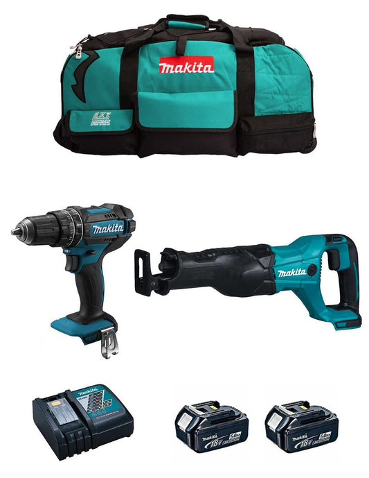 Kit marteau perforateur Makita DHP482 + scie sabre DJR186 + 2bat 5Ah + chargeur + sac DLX2186BL2