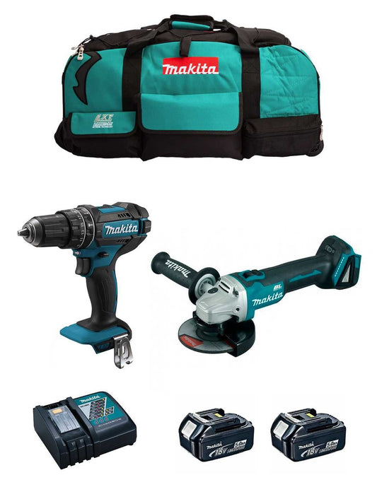 Kit Perceuse à percussion Makita DHP482 + Mini-meuleuse DGA504 + 2bat 5Ah + chargeur + sac DLX2504BL2