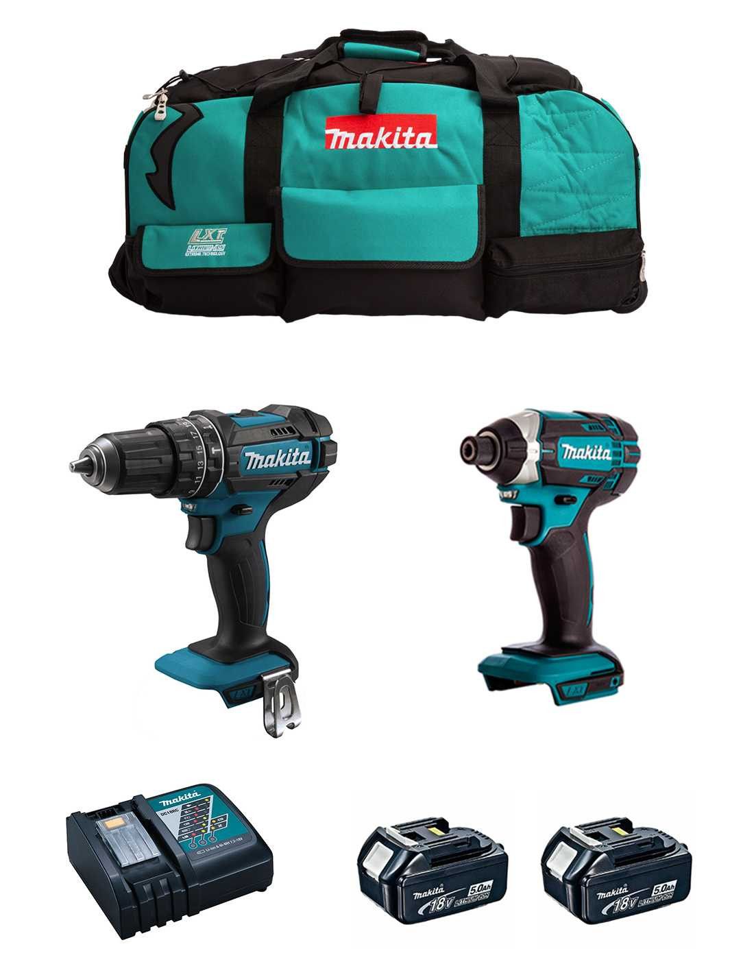 Kit perceuse à percussion Makita DHP482 + visseuse à percussion DTD152 + 2bat 5Ah + chargeur + sac DLX2152BL2