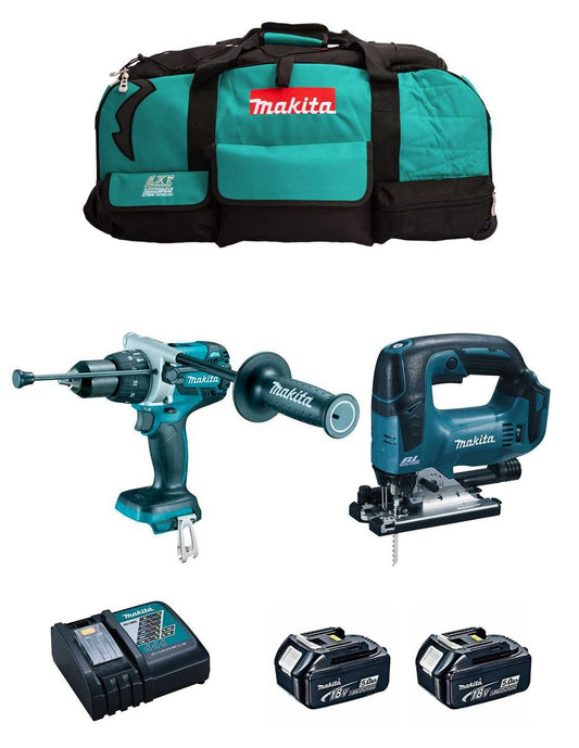 Kit marteau perforateur Makita DHP486 + scie sauteuse DJV182 + 2bat 5Ah + chargeur + sac DLX2481BL2