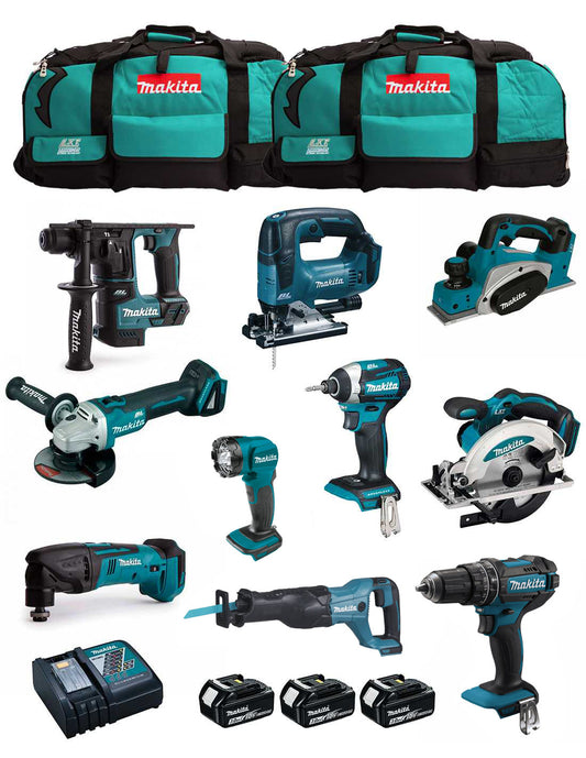 Kit Makita avec 10 outils + 3 batteries 3ah + chargeur + 2 sacs DLX1080BL3