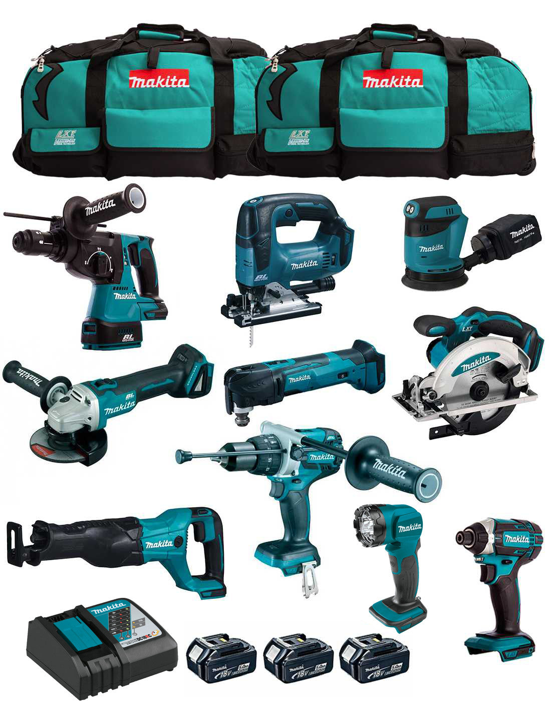 Kit Makita avec 10 outils + 3 battes + chargeur + 2 sacs DLX1043BL3