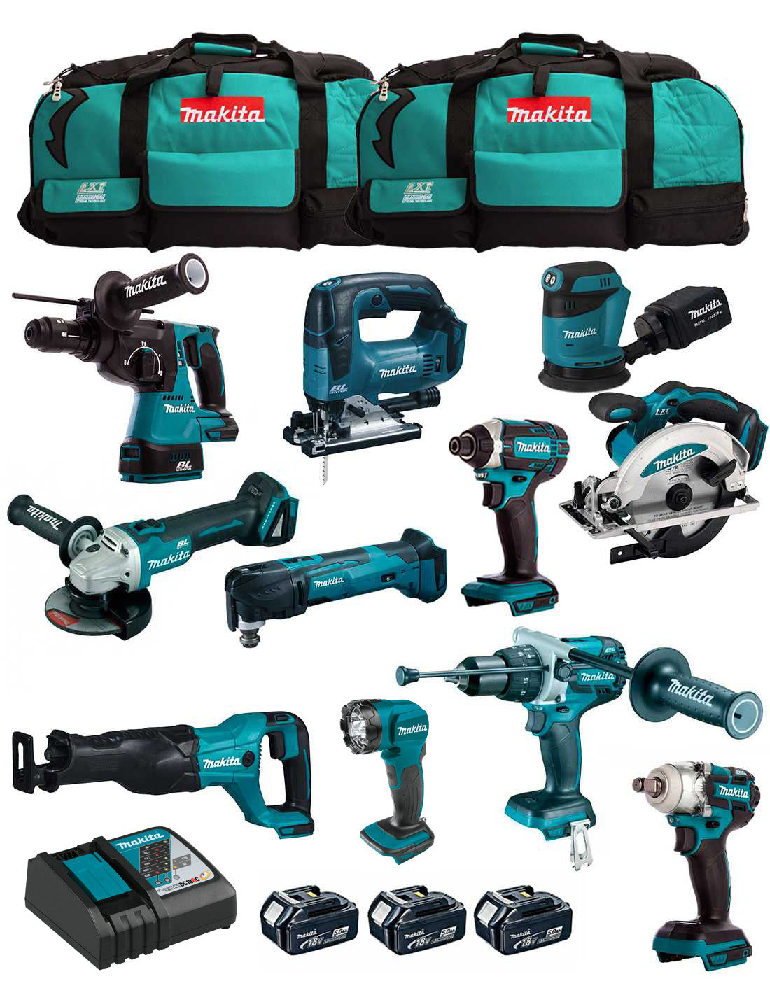 Kit Makita avec 11 outils + 3 battes + chargeur + 2 sacs DLX1143BL3