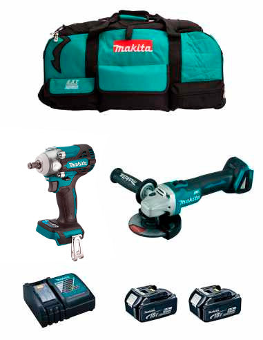 Kit Clé à chocs Makita DTW285 + Mini-meuleuse DGA504 + 2bat 5Ah + chargeur + sac LXT600 DLX2285BL2