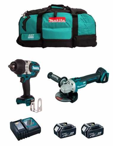 Kit Clé à chocs Makita DTW700 + Mini-meuleuse DGA504 + 2bat 5Ah + chargeur + sac LTX600 DLX2700BL2