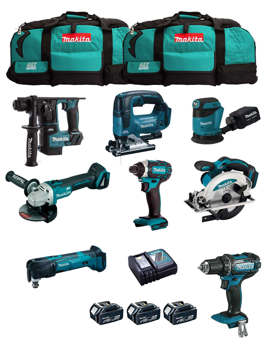 Kit Makita avec 8 outils + 3 battes 5,0 Ah + chargeur + 2 sacs DLX8171BL3