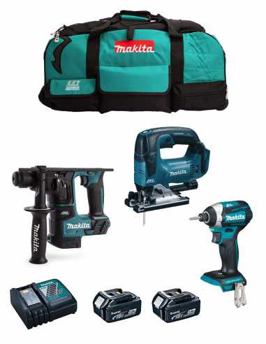 Kit Makita Marteau DHR171 + Scie sauteuse DJV182 + Visseuse à chocs DTD152 + 2bat 5Ah + chargeur + sac DLX3152BL2