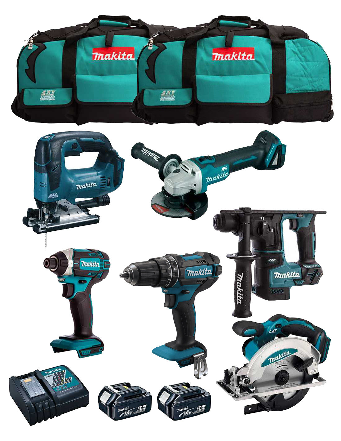 Kit Makita 6 outils + 2 battes 5Ah + chargeur + sac LXT600 DLX6482BL2