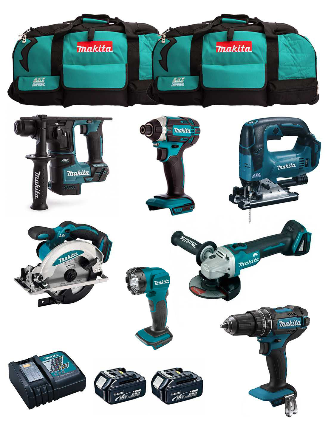 Kit Makita 7 outils + 2bat 5Ah + chargeur + 2 sacs LXT600 DLX7815BL2