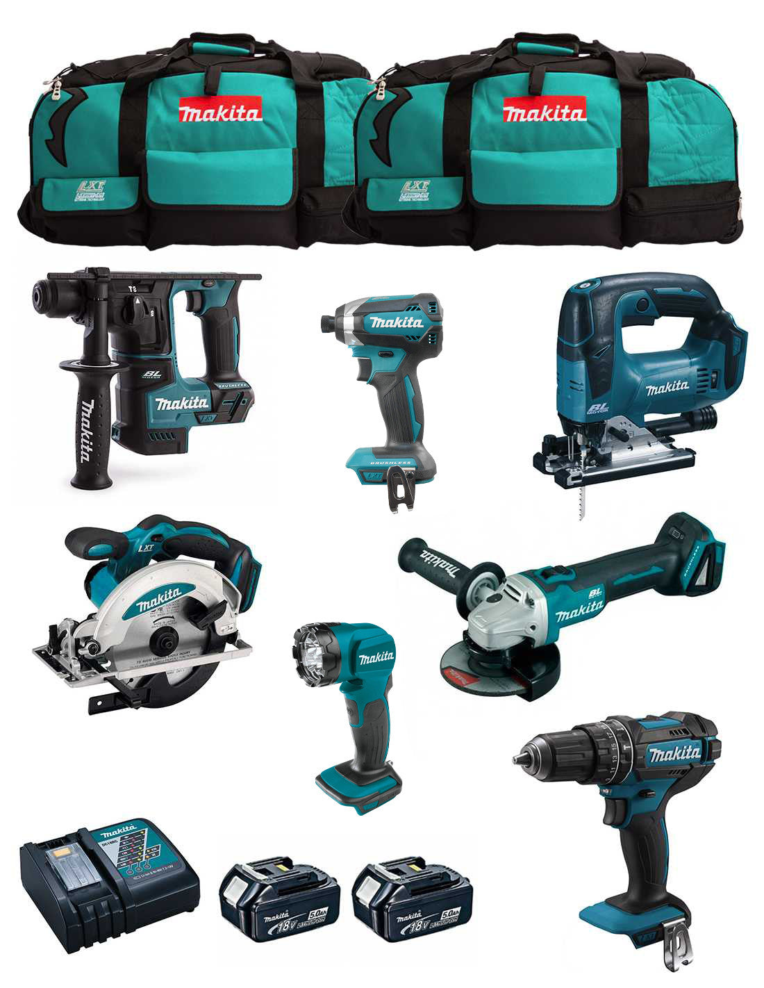 Kit Makita 7 outils + 2bat 5Ah + chargeur + 2 sacs LXT600 DLX7815BL2