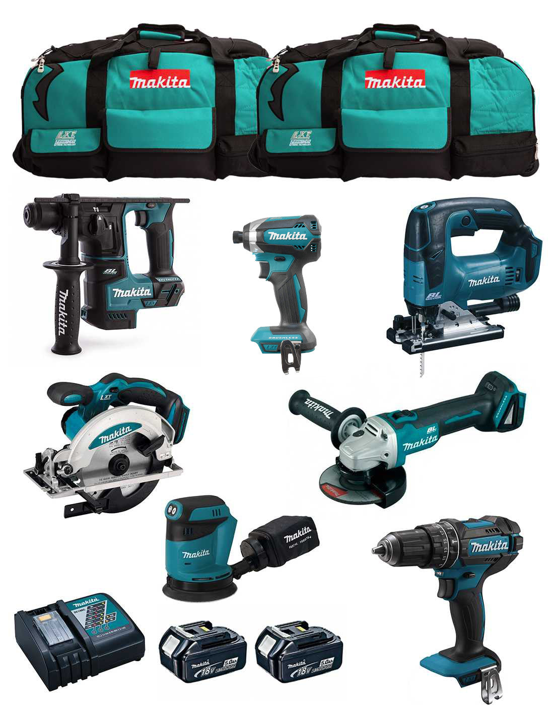 Kit Makita 7 outils + 2bat 5Ah + chargeur + 2 sacs LXT600 DLX7180BL2