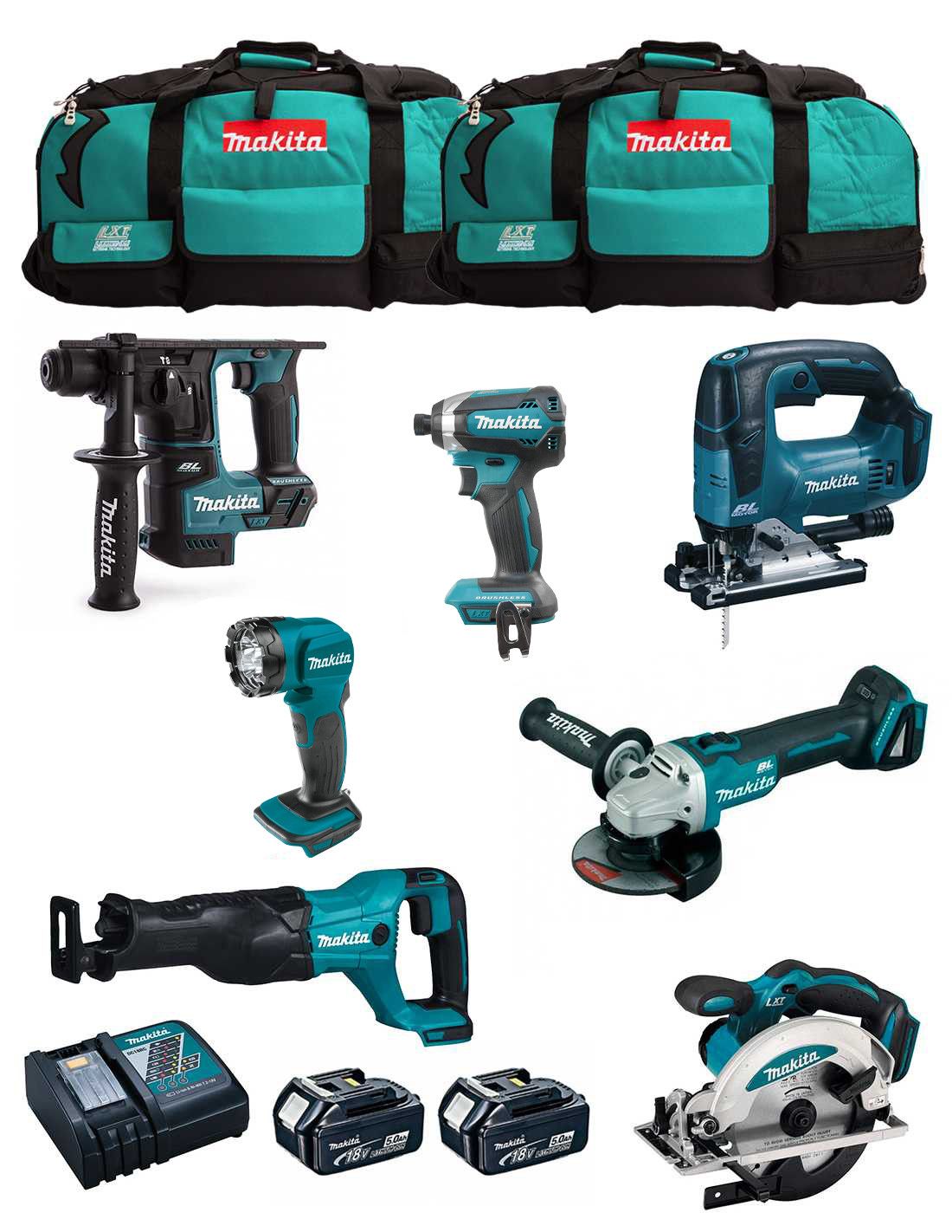 Kit Makita 7 outils + 2bat 5Ah + chargeur + 2 sacs LXT600 DLX7710BL2