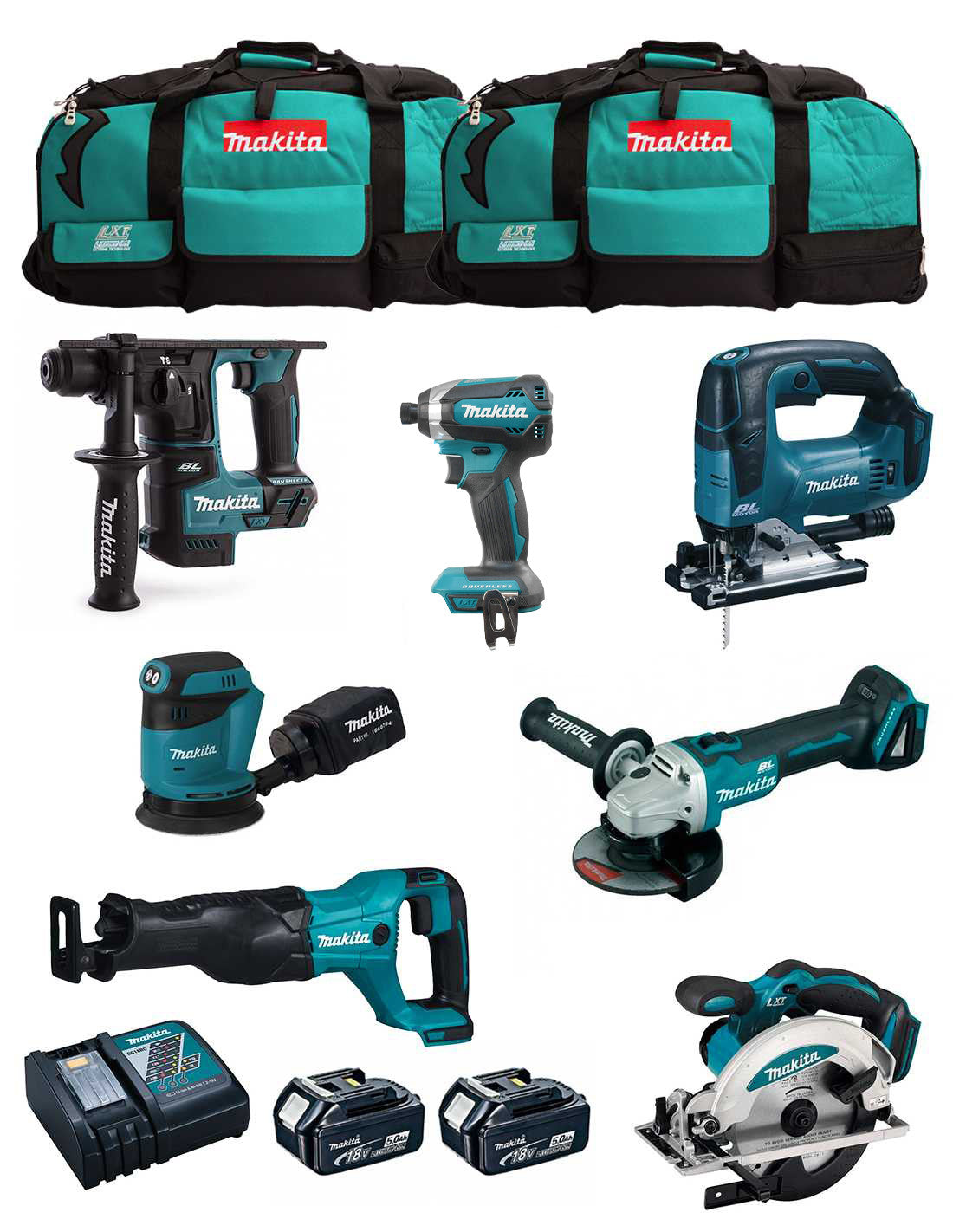 Kit Makita 7 outils + 2bat 5Ah + chargeur + 2 sacs LXT600 DLX7171BL2