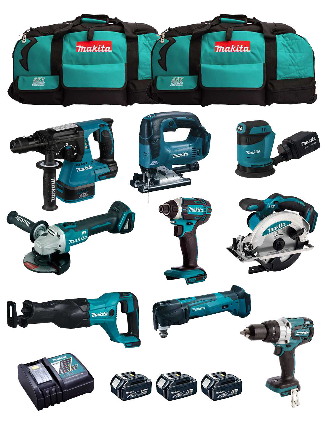 Kit Makita con 9 herramientas + 3 bat 5.0Ah + cargador + 2 bolsas DLX9243BL3