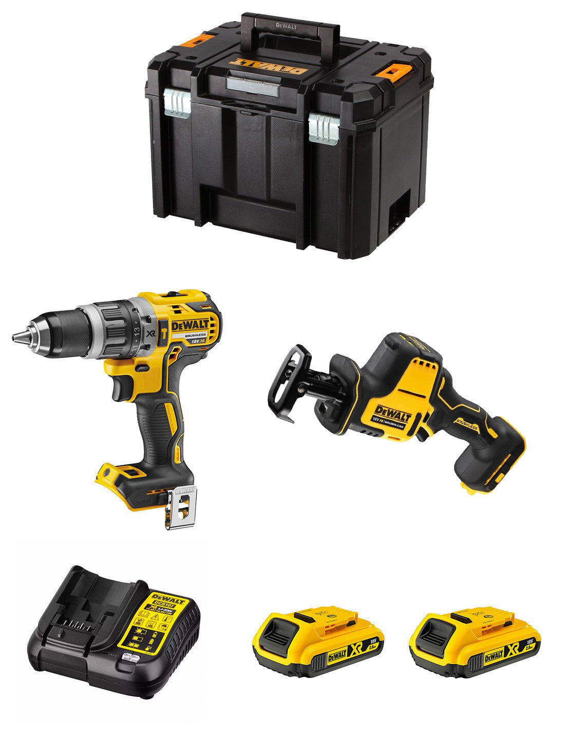 Kit Dewalt Perceuse à percussion DCD796 + Scie sabre DCS369 + 2bat 2Ah + Chargeur DCB107 + TSTAK VI DCK269D2