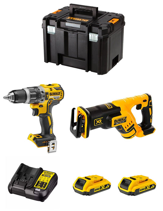 Kit Dewalt Perceuse à percussion DCD796 + Scie sabre DCS367 + 2bat 2Ah + chargeur + TSTAK VI DCK277D2