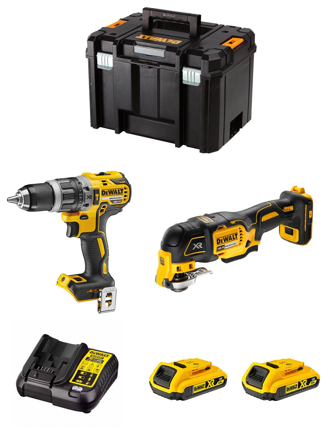 Kit Dewalt Marteau perforateur DCD796 + Multi-outil DCS355 + 2bat 2Ah DCB183 + Chargeur DCB107 + TSTAK VI DCK255D2