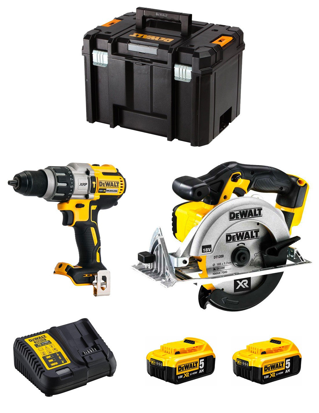 Kit Dewalt Marteau perforateur DCD996 + Scie circulaire DCS391 + 2bat 5Ah + chargeur + TSTAK VI DCK291P2