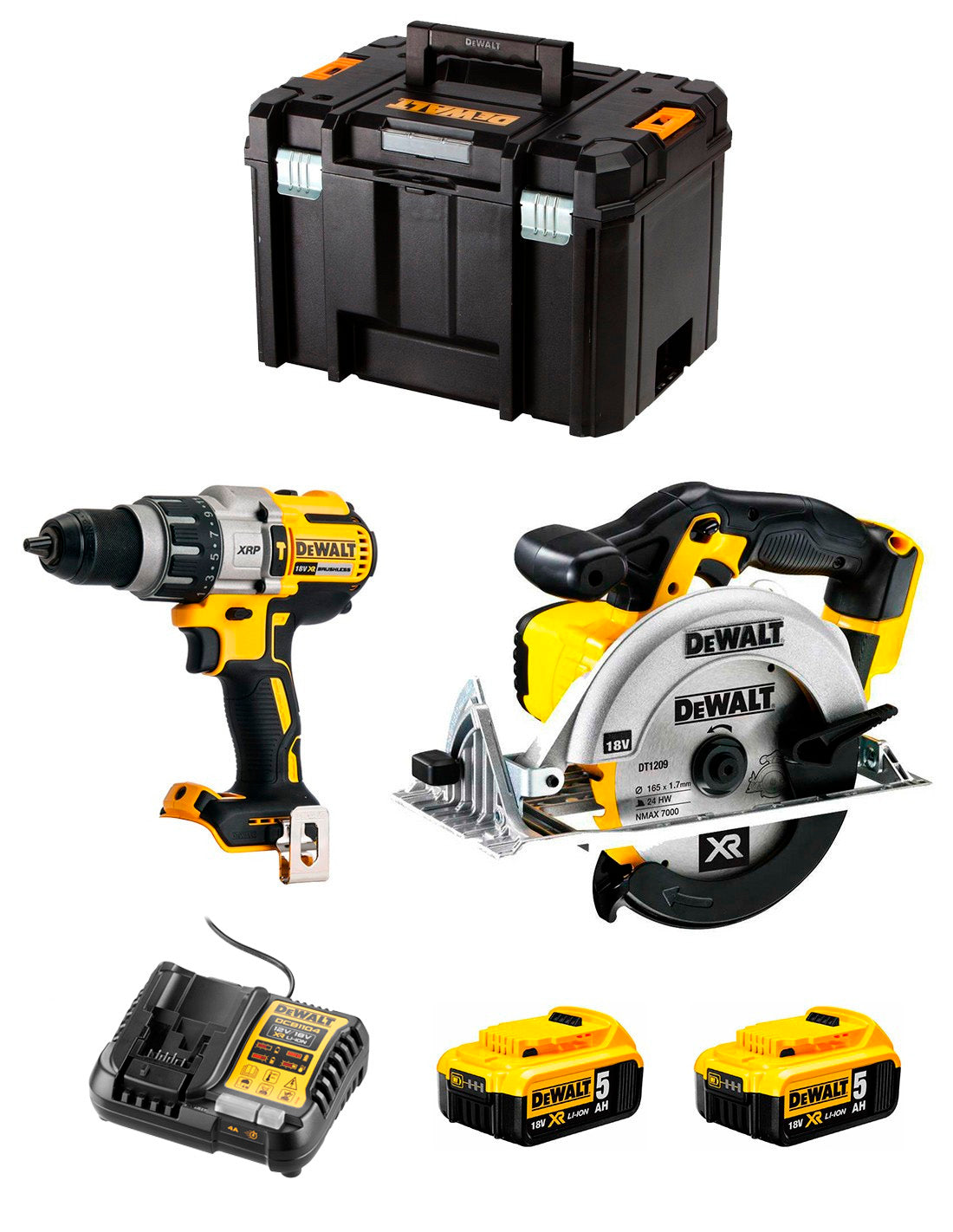 Kit Dewalt Marteau perforateur DCD996 + Scie circulaire DCS391 + 2bat 5Ah + chargeur + TSTAK VI DCK291P2