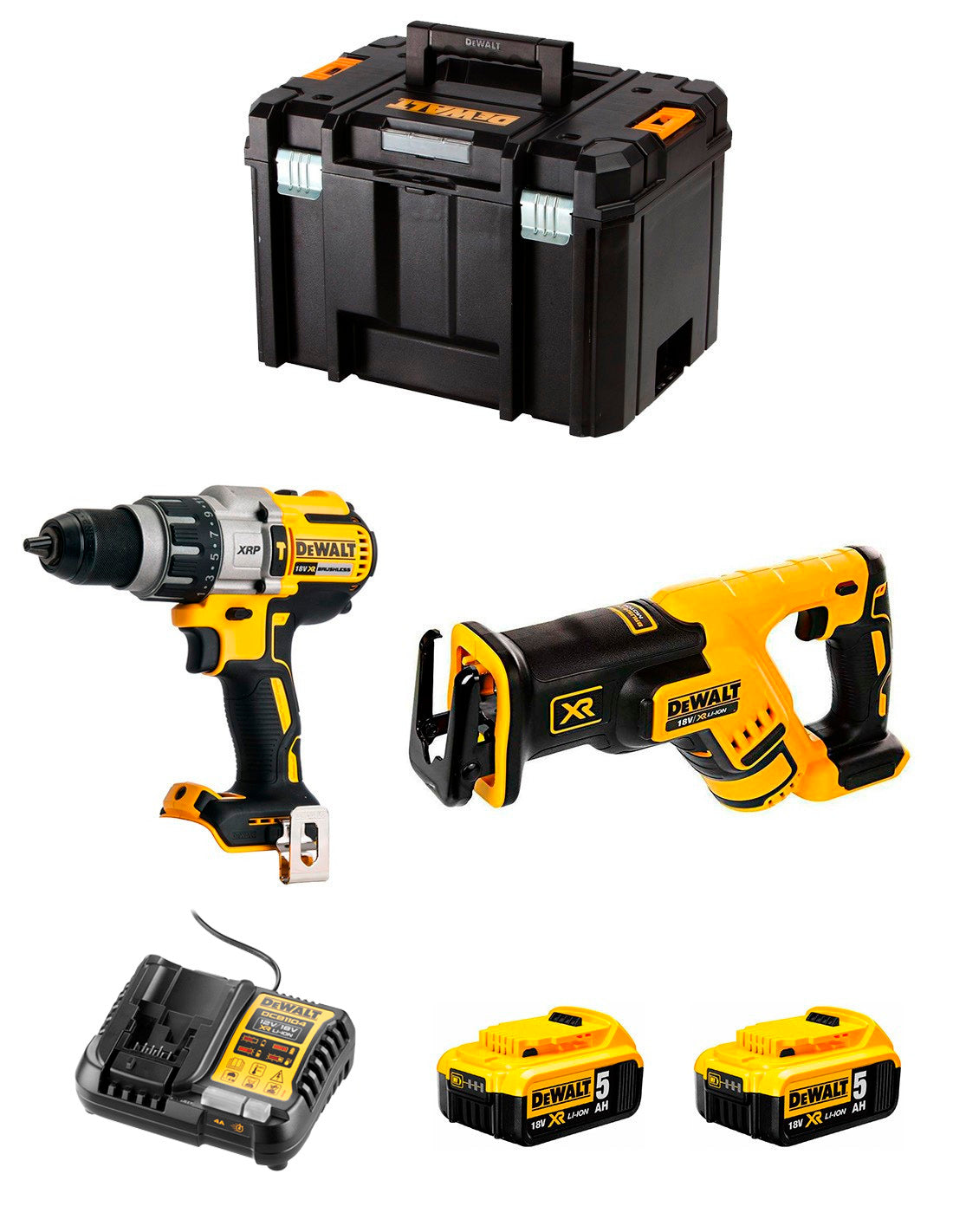 Kit Dewalt Perceuse à percussion DCD996 + Scie sabre DCS367 + 2bat 5Ah + chargeur + TSTAK VI DCK267P2