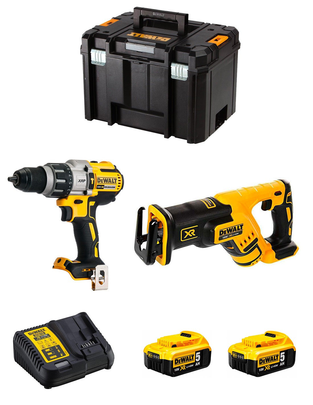 Kit Dewalt Perceuse à percussion DCD996 + Scie sabre DCS367 + 2bat 5Ah + chargeur + TSTAK VI DCK267P2