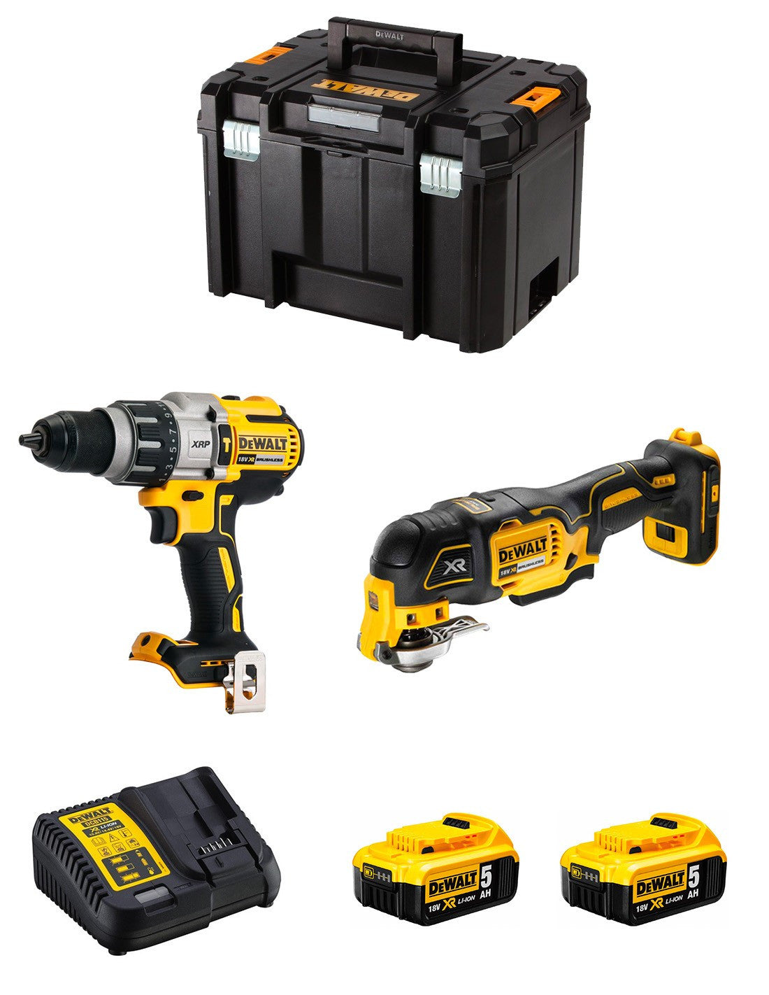 Kit marteau perforateur Dewalt DCD996 + multi-outil DCS355 + 2bat 5Ah + chargeur + TSTAK VI DCK255P2