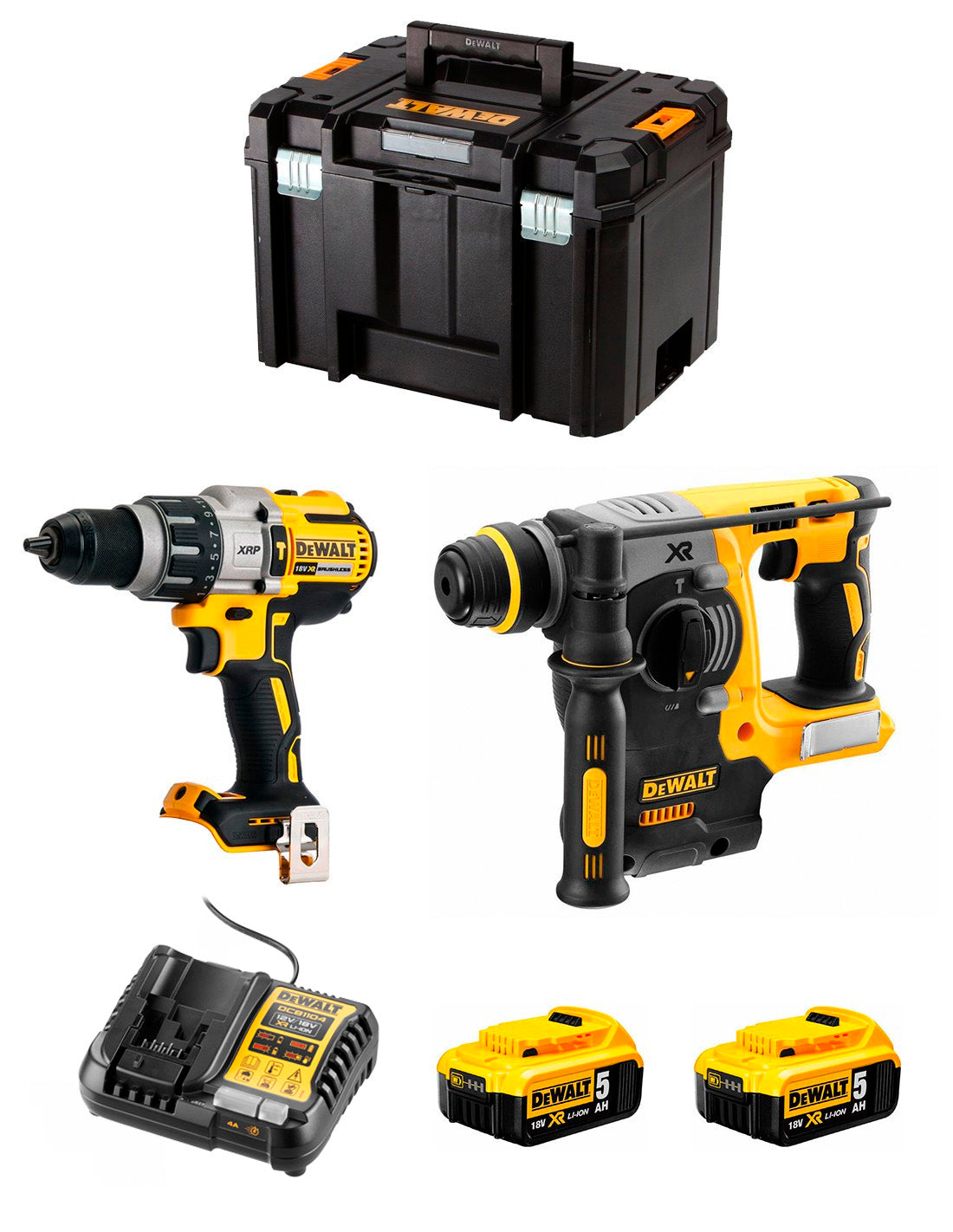 Kit marteau perforateur Dewalt DCD996 + marteau électropneumatique DCH273 + 2bat 5Ah 18V + chargeur + TSTAK VI DCK273P2