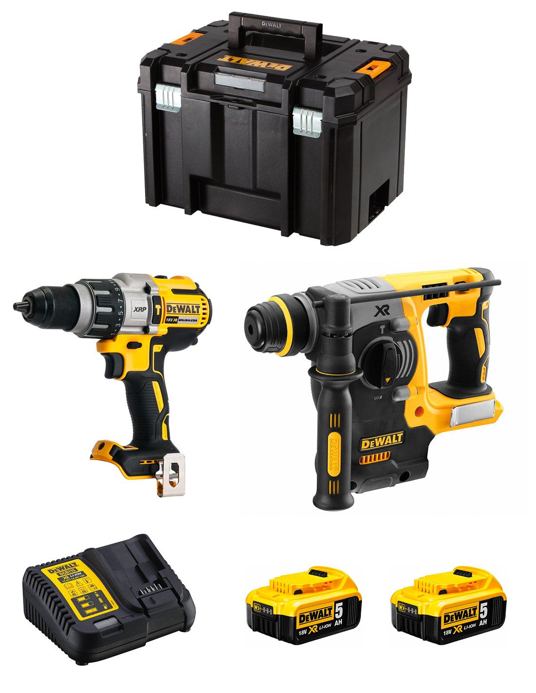 Kit marteau perforateur Dewalt DCD996 + marteau électropneumatique DCH273 + 2bat 5Ah 18V + chargeur + TSTAK VI DCK273P2