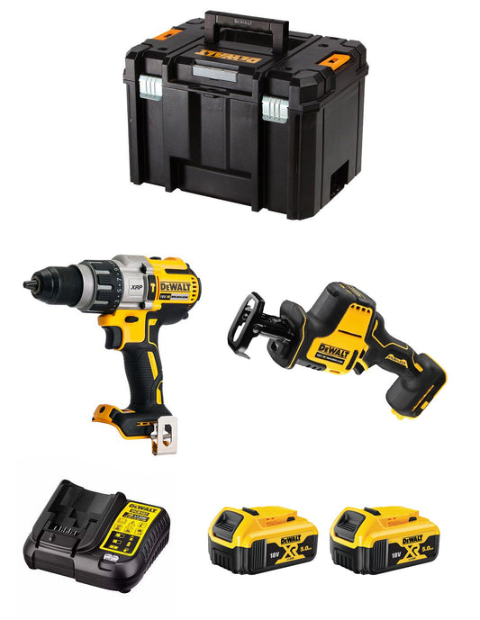 Kit Dewalt Perceuse à percussion DCD996 + Mini Scie Sabre DCS369 + 2bat 5Ah + chargeur + TSTAK VI DCK269P2