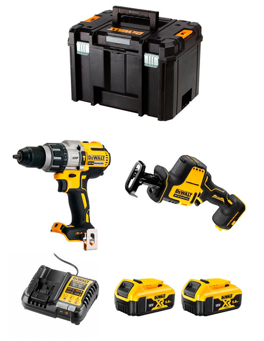 Kit Dewalt Perceuse à percussion DCD996 + Mini Scie Sabre DCS369 + 2bat 5Ah + chargeur + TSTAK VI DCK269P2