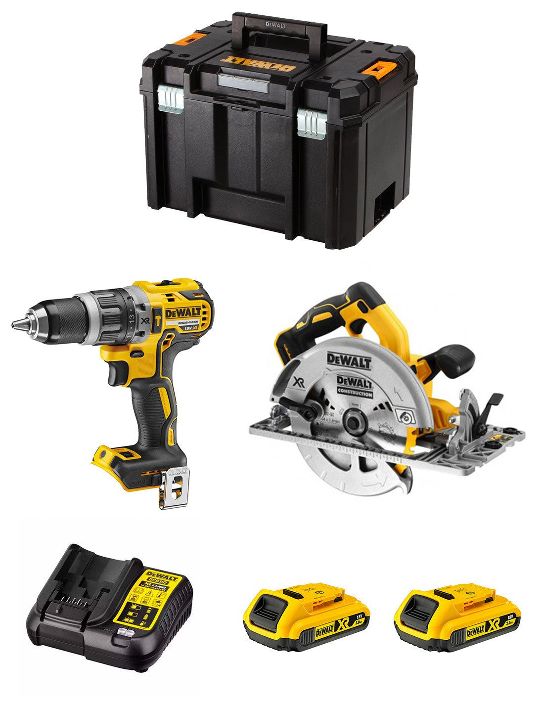 Kit Dewalt avec marteau perforateur DCD796 + scie circulaire DCS572 + 2bat 2Ah + DCB107 + TSTAK VI DCK270D2