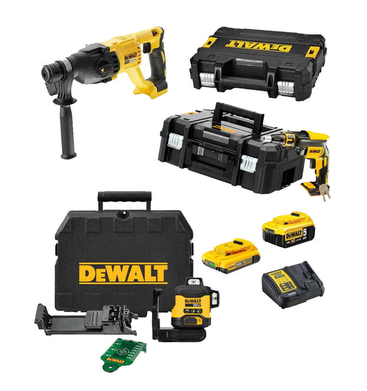 Combo Panneau de Gypse Méga : Tournevis DCF620 + Marteau DCH133 + Niveau DCLE34031N + 2 Batteries Dewalt 18V