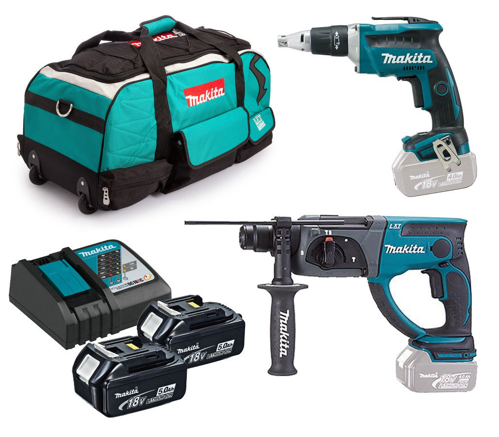 Combo plaques de plâtre Makita 18V : Tournevis Pladur DFS452 + Marteau léger DHR202 + 2 batteries 5,0 Ah + sac