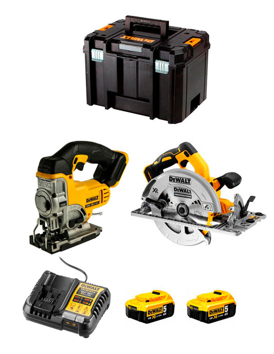 Kit Dewalt Scie Circulaire DCS572 + Scie Sauteuse DCS331 + 2bat 5Ah + Chargeur + TSTAK DCK270P2