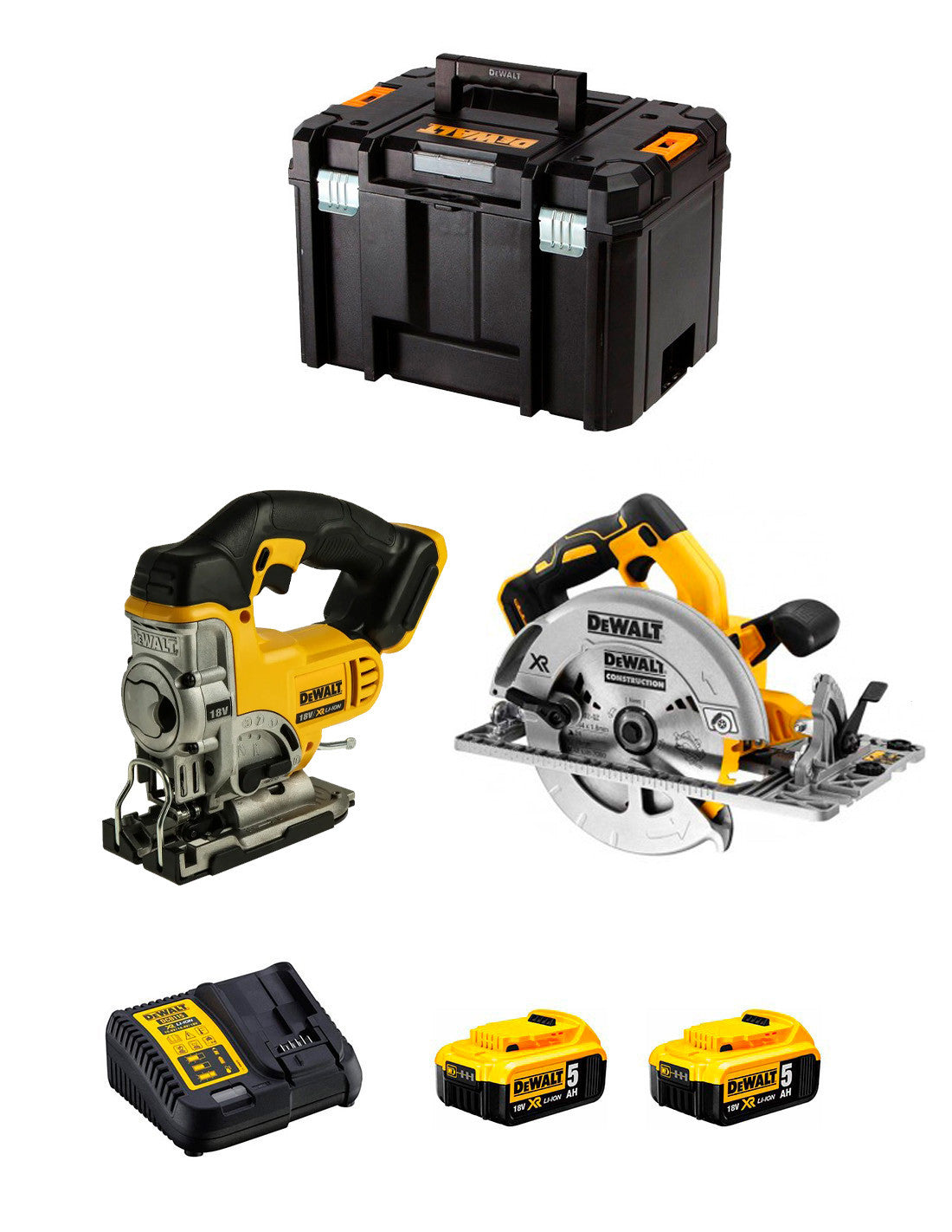 Kit Dewalt Scie Circulaire DCS572 + Scie Sauteuse DCS331 + 2bat 5Ah + Chargeur + TSTAK DCK270P2