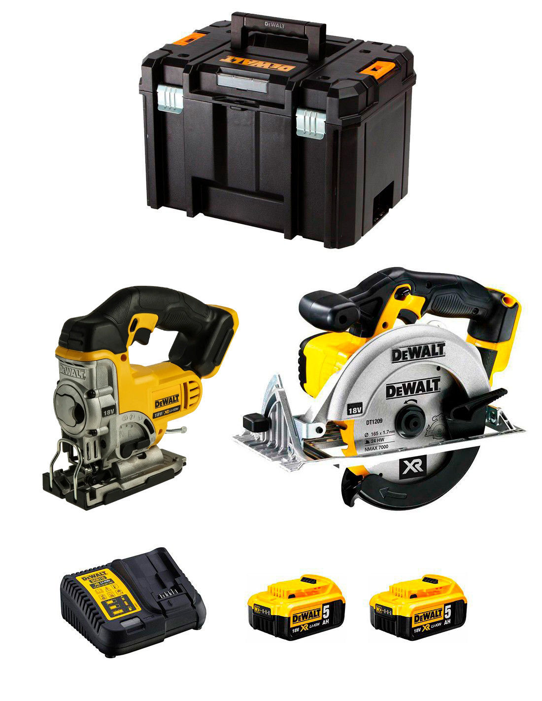 Kit scie sauteuse Dewalt DCS331 + Scie circulaire DCS391 + 2bat 5Ah + Chargeur + TSTAK VI DCK215P2