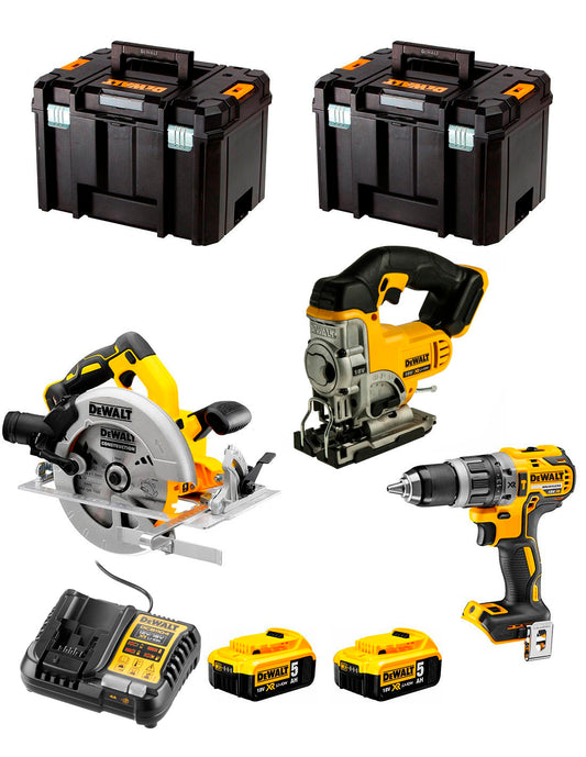 Kit Dewalt Marteau perforateur DCD796 + Scie sauteuse DCS334 + Scie circulaire DCS572 + 2bat 5Ah + Chargeur + 2xTSTAK VI DCK370P2