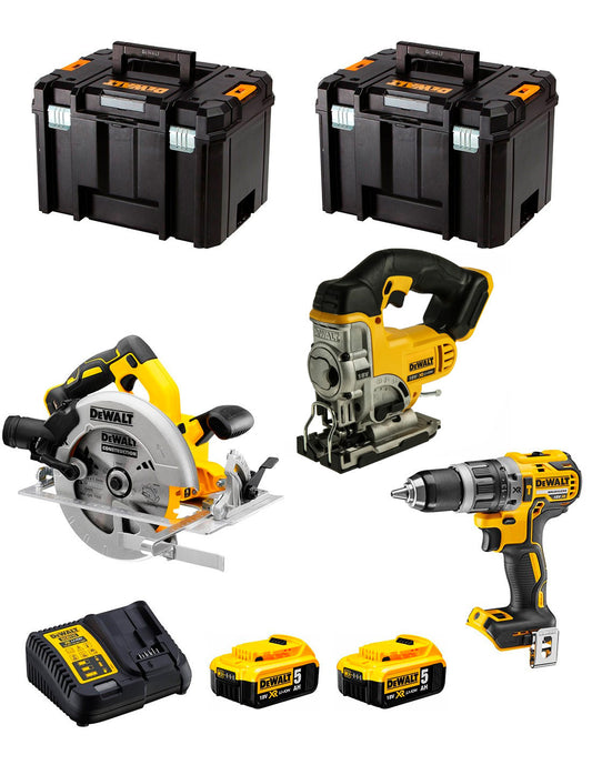 Kit Dewalt Marteau perforateur DCD796 + Scie sauteuse DCS334 + Scie circulaire DCS572 + 2bat 5Ah + Chargeur + 2xTSTAK VI DCK370P2